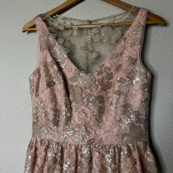 Vera Wang Dress Size 4 Lace Elusion Rose Gold Silver Sequins Cocktail Formal - Picture 2 of 9